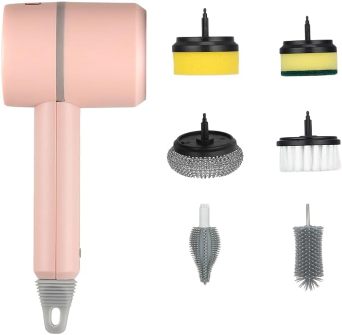 ScrubNinja Electric Spin Scrubber,Cordless Household Cleaning Brush with 4 Replaceable Heads (Pink2)