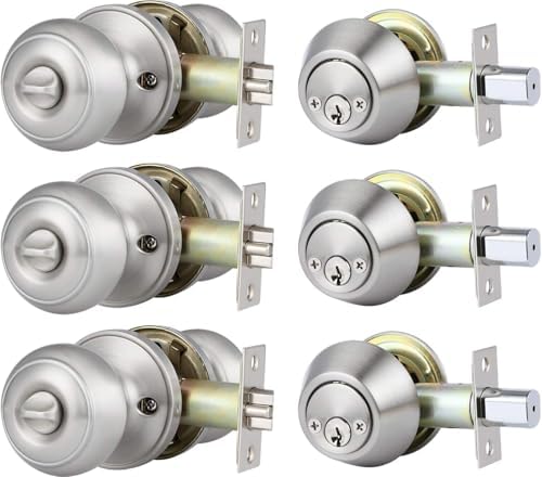 3 Pack Keyed Alike Entry Door Knob and Deadbolt Set, Satin Nickel Double Cylinder Deadbolt Lock Set, Round Style Door Knobs Deadbolt for Exterior/Front Door