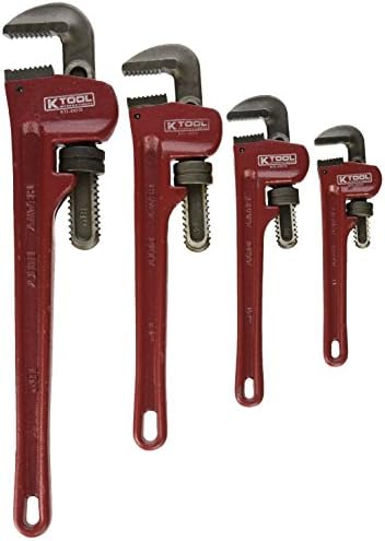 K Tool International 49000 Adjustable Pipe Wrench Set for Garages, Repair Shops and DIY, Drop Forged Steel Jaws, Cast Iron Body, Sizes include 8", 10", 14", 18", Red, 4 Piece