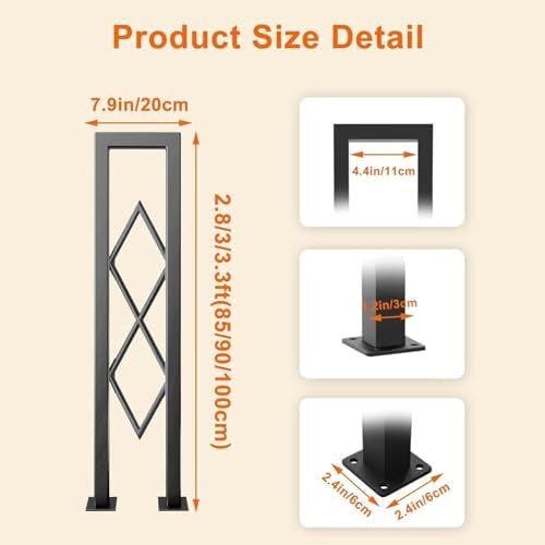 U-Shaped Stair Handrail, Black Wrought Iron Hand Rails Decorative Railing for Indoor Stairs, Porch Deck Loft Corridor Safety Non-Slip Support Poles, with Diamond Pattern (Black/2.8FT/85CM)