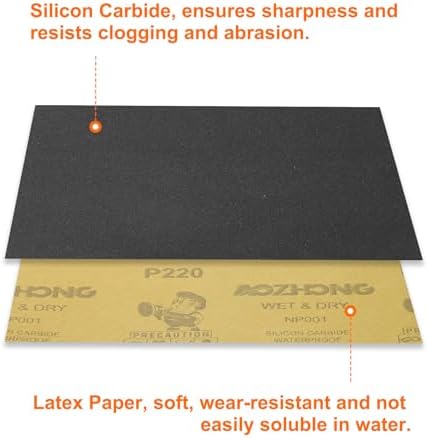 HARFINGTON 100pcs Sandpaper 220 Grit 9 x 11 Inch Waterproof Backing Silicon Carbide Abrasive Wet Dry Sanding Sheets for Wood Finishing, Metal Sanding, Automotive Polishing