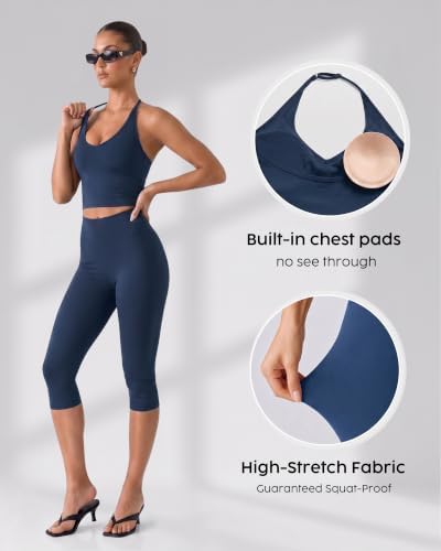 Workout Capri Gym Set for Women - 2 Piece Yoga Set with Leggings Halter Top