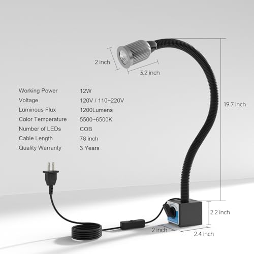Magnetic Light, 1200 Lumen 120v Flexible Gooseneck Work Light with Adjustable Magnetic Base for CNC Milling Drill Press Sewing Machine Industrial Lighting, 12W