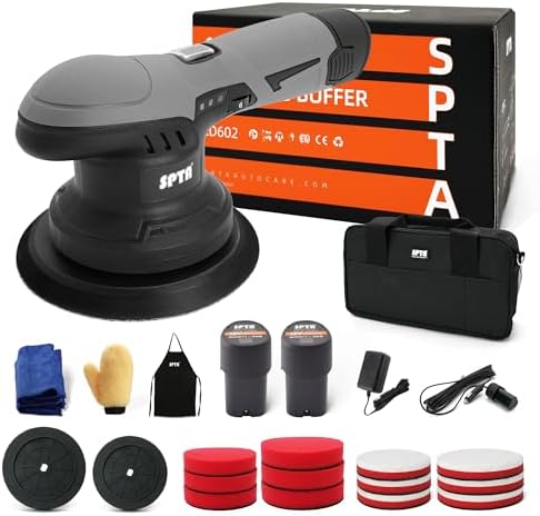 Cordless Car Buffer Polisher, SPTA Polisher with 2Pcs 12V Lithium Rechargeable Battery Brushless Polisher with Variable Speed, Portable Polisher with Polishing Pads Kit For Waxing