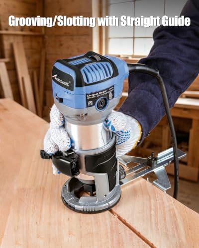 AVID POWER 6.5 Amp 1.25 HP Compact Router Tools for Woodworking, Fixed Base Wood Router with Trim Router Bits, 6 Variable Speeds, Edge Guide, Roller Guide, Dust Hood (Blue, 65mm)