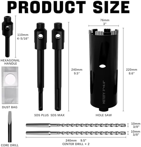 Diamond Core Drill Bit 3"(76mm) with Pilot Bit & Adapters (SDS Plus & Hex) – Upgraded Welded Segments, 8.6" Depth – for Concrete, Solid Brick, Hollow Brick, Masonry & More
