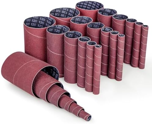 LotFancy Spindle Sanding Sleeves, 120 Grit, Pack of 24, Aluminum Oxide Abrasive, 4-1/2” Length, 4 Each of 1/2”,3/4”,1”,1-1/2”, 2” and 3”