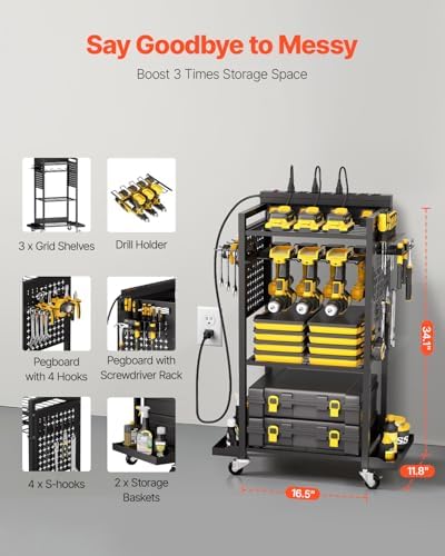 VEVOR 4-Tier Tool Organizer Cart with Charging Station, 8 AC Outlet, Floor Stand Rolling Drill Holder and Tool Battery Storage Rack on Wheels, Garage Floor Rolling Storage Cart for Workshop, Garage