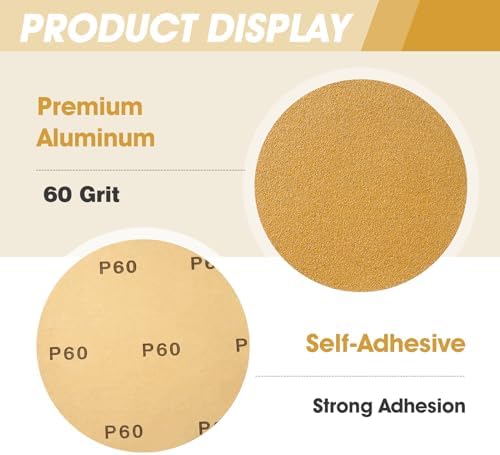 CowboyBOB 100 PCS 6 Inch Gold PSA Sanding Discs 60 Grit Self Adhesive Sticky-Back Sandpaper for DA Sander Finishing Abrasive Sand Paper Woodworking Wood Metal Sanding Disc Roll