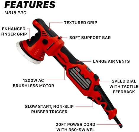 Maxshine MB15 Pro Brushless Dual Action Polisher – 15mm Long Throw Car Buffer with 5” Backing Plate, 1200W Motor & Variable Speed – Auto Detailing Tool for Cars, Trucks, SUVs & Boats, Paint Correction