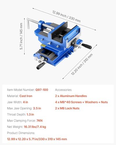 VEVOR Cross Slide Drill Press Vise, 4 Inch Jaw Width, 2 Way X-Y Axis Bench Vise, 3.5 Inch Max Jaw Opening, Heavy Duty Cast Iron, Workbench Vice Clamp, for Woodworking Drilling CNC Milling Machine