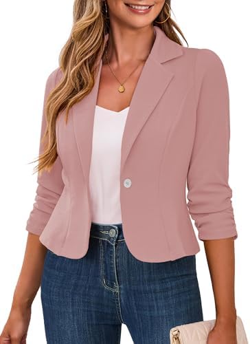 Traleubie Women's Cropped Blazer 3/4 Ruched Sleeve Business Casual