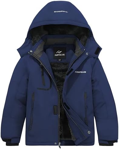 FARVALUE Boys Waterproof Ski Jacket Windproof Winter Coat Warm Snow Coat Outdoor Raincoats with Removable Hood