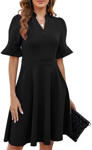 Mokayee Womens Summer V Neck Ruffle Short Sleeve Fit and Flare Knee Length Church Wedding Guest Dresses with Pockets
