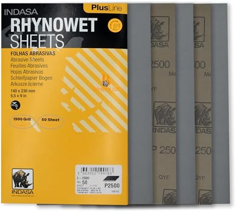 Indasa 50 PCS 5.5x9” Wet & Dry Rhynowet Sandpaper 1500 GRIT Half Sheets – Silicon Carbide Abrasive for Auto, Wood, Metal, Paint & Coat Finishing – Abrasive Sandpaper, Plusline