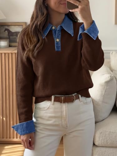 Saodimallsu Womens Denim Patchwork Sweaters V Neck Polo Pullover Tops