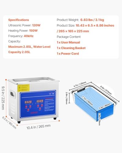 VEVOR 3L Ultrasonic Cleaner with Heated Function, Digital Timer & Stainless Steel Tank, Ultrasonic Cleaning Machine for Jewelry, Glasses, Watches, Circuit Boards, Small Parts