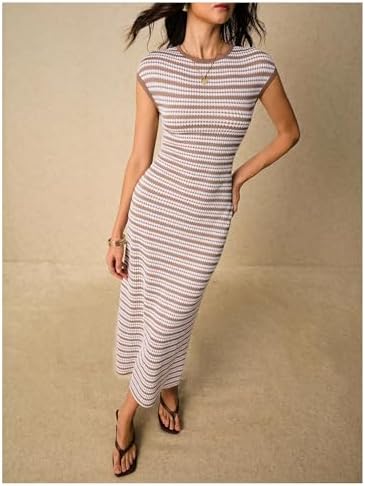 SOLY HUX Women's Striped Midi Dress Casual Work Knit Bodycon Summer Dresses