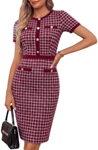 GRACE KARIN Women Work Business Short Sleeve Bodycon Tweed Dress