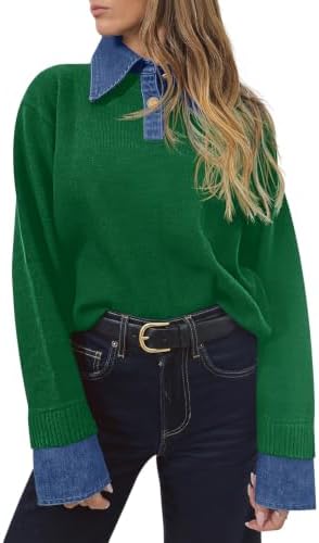 Saodimallsu Womens Denim Patchwork Sweaters V Neck Polo Pullover Tops