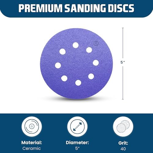 Benchmark Abrasives 5 Inch Sanding Discs Hook and Loop, Ceramic 8 Holes Adhesive Sandpaper for Surface Blending, Automotive - Orbital Sander Sandpaper (50 Discs), 40 Grit