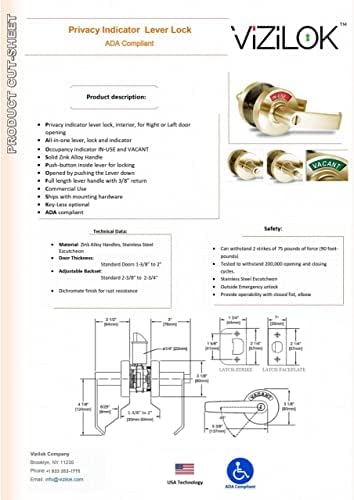 VIZILOK ADA Compliant, Single Egress Indicator Privacy Lock C5FD-R Durable ANSI Grade 2 Comp Commercial Right Handed Non Reversible in-Use or Vacant Push Button Lever - Satin Brass