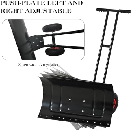 Snow Shovel with Wheels for Driveway, Heavy Duty Snow Pusher with Wheels and Angled Blade for Efficient Snow Removal, Back Saver Snow Plow with Safety Reflective Tape (Black)