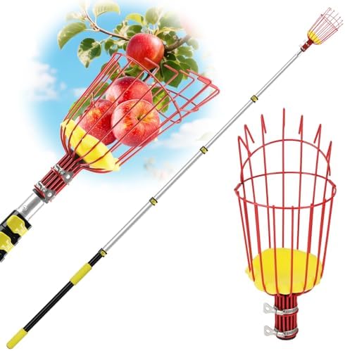 20FT Reach Fruit Picker with Basket, Apple Picking Tool Telescoping Pole, Long-Handle Mango Grabber, Tree Fruit Catcher for Harvesting Lemon Pear Orange Avocado Peach Citrus Grapefruit