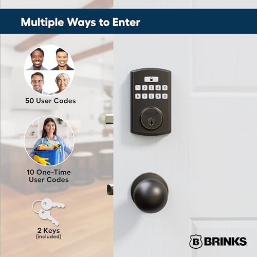 BRINKS Keyless Entry Keypad Deadbolt, 50 Codes, Auto Lock, Tuscan Bronze