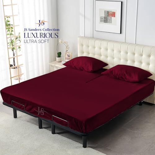 JS Sanders Collection 600TC Flex Top Queen Sheets for Sleep Number Bed - 100% Cotton 4 Pcs Top Split Queen Sheets for Adjustable Bed Queen 30 Inch Down Burgundy -18 Inch Deep