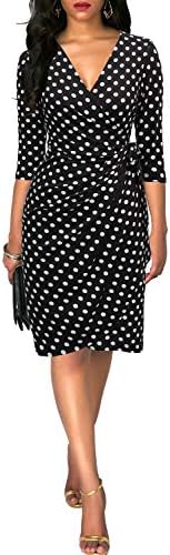 Berydress Women's 3/4 Sleeve V Neck Casual Party Work Faux Black Wrap Dress