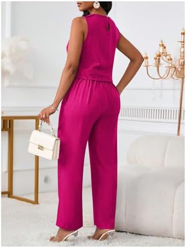 Floerns Women's 2 Piece Sets Dressy Outfits Bussiness casual Crew Neck Sleeveless Blouse and Elegant Pants Set