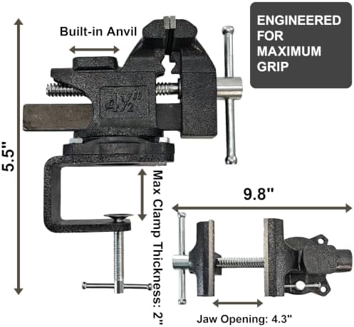 4.5 Inch Bench Vise, Heavy Duty Cast Steel Table Vice for Workbench, 270° Swivel Base Utility Vise with Anvil, Clamp on Vise for Woodworking, Metalworking, DIY