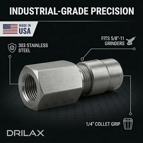 Drilax 5/8"-11 to 1/4" Collet Flapper Adapter – Convert Angle Grinder to Die Grinder – Fits Carbide Burrs, Flap Wheels, Sanding & Polishing Tools – 303 Stainless Steel, Made in USA
