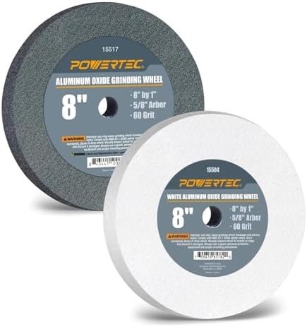 POWERTEC Bench Grinder Wheel 8 Inch White 60 Grit, White Aluminum Oxide Grinding Wheel for Bench and Pedestal Grinder, 1" Thick 5/8" Arbor, Sharpening & Shaping Drill Bits, Blade, Chisel, 2PK (15551)