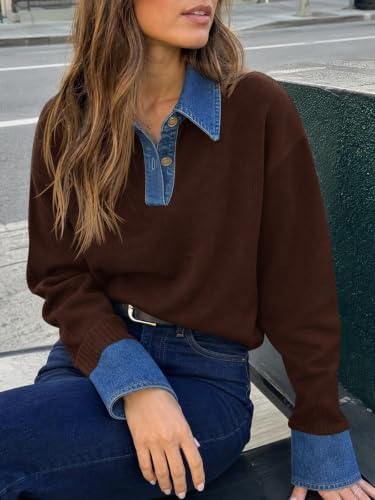 Saodimallsu Womens Denim Patchwork Sweaters V Neck Polo Pullover Tops