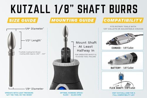 Kutzall 4-Piece Rotary Burr Kit - 1⁄8" Shaft, Very Coarse - Wood Carving Bits for Dremel, Foredom, Ryobi, DeWalt, Milwaukee Tools - Structured Tungsten Carbide