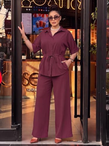 Two Piece Sets for Women Dressy Shirt Top Flared Pants Business Pantsuits