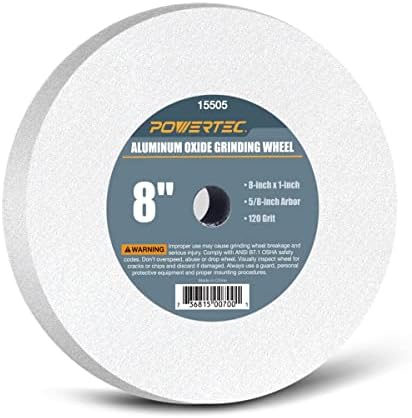 POWERTEC Bench Grinder Wheel 8 Inch 120 Grit, White Aluminum Oxide Grinding Wheel for Bench Pedestal Grinder, 1" Thick 5/8" Arbor, Sharpening & Shaping Drill Bits, Blade, and Chisel 1PK (15505)