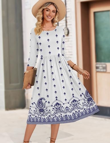 Zeagoo 3/4 Sleeve Women's Dress Casual Aline Summer Fall Midi Long Dresses