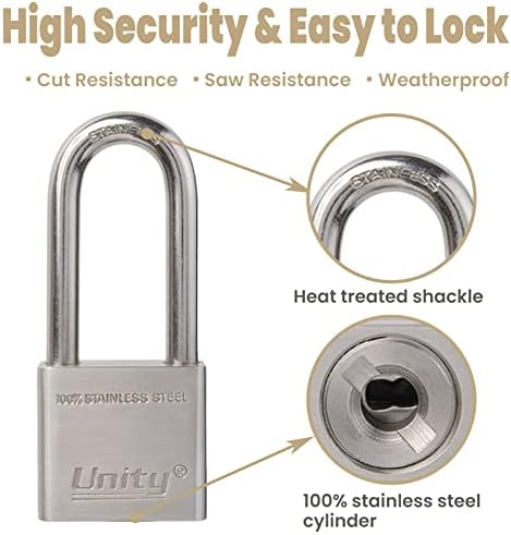 Unity Marine Padlock Keyed Alike 100% Stainless Steel Weatherproof for Sea, Boat, Port, Gate, Anti-Pick (2, 40mm Long Shackle)