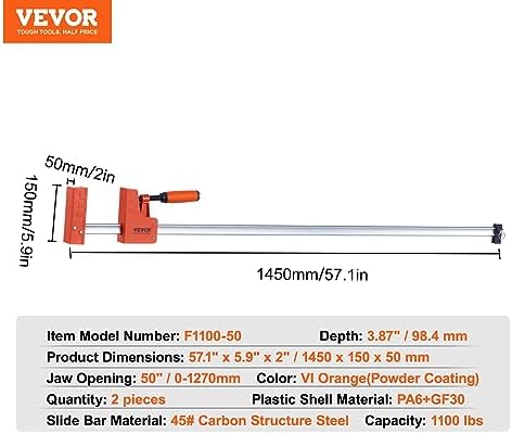 VEVOR Bar Clamps for Woodworking, 2-Pack 50" Parallel Clamp Set, F Clamp with 1100 lbs Load Limit, Even Pressure, High-strength Plastic and Carbon Steel, Wood clamps for Woodworking Metal Working