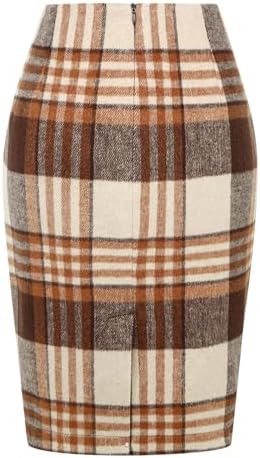 IDEALSANXUN Plaid Skirts for Women Fall Winter Knee Length Pencil Wool Skirt with Slit