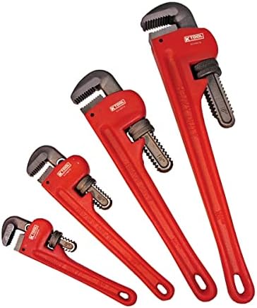 K Tool International 49000 Adjustable Pipe Wrench Set for Garages, Repair Shops and DIY, Drop Forged Steel Jaws, Cast Iron Body, Sizes include 8", 10", 14", 18", Red, 4 Piece