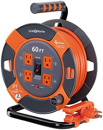 Link2Home 60 Ft. Extension Cord Reel, 4 Power Outlets, 14 AWG SJTW