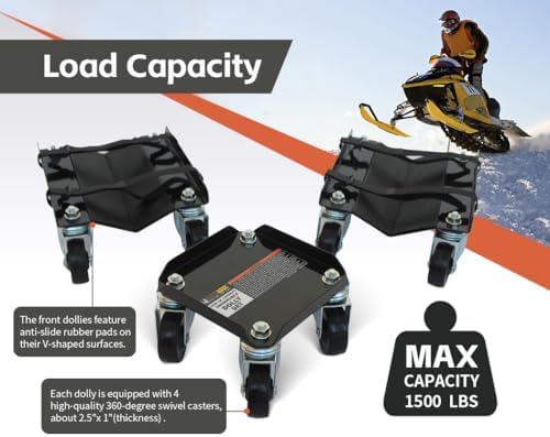 MaxxHaul Snowmobile Moving Dolly Set - Heavy Duty 1500 lbs Capacity - Anti-Slip V-Slide Rubber Pads with Straps - 360 Swivel Casters for Ski Sled Transport Storage Garage (50859)