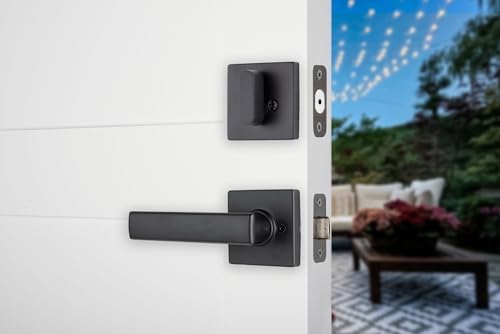 BRINKS Contemporary Keyed Entry Door Handleset with Lever and Deadbolt, Modern Front Door Lock Set, Easy Install, Pick-Resistant (Flat Lever, Matte Black)