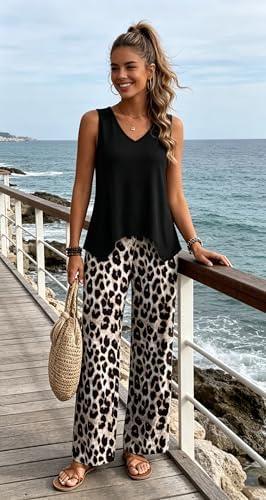 WIHOLL Two Piece Sets for Women Dressy Lounge Sets Summer Outfits Cruise Travel Beach Vacation Casual Wide Leg Pants Set
