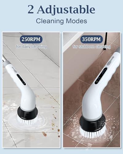 Electric Spin Scrubber, Shower Scrubber Cordless Cleaning Brush with 8 Replaceable Brush Heads and Squeegee，Adjustable Extension Handle 2 Speeds Electric Cleaning Brush for Bathroom, Tub, Tile，Kitchen