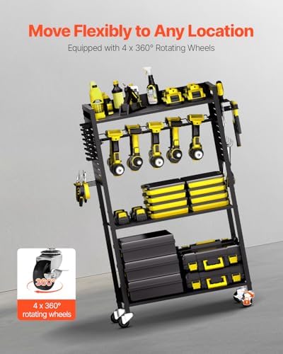 VEVOR 4-Tier Tool Organizer Cart, 150 lbs Load Capacity, Floor Stand Rolling Drill Holder and Stability Storage Rack, Heavy Duty Garage Floor Rolling Storage Cart for Workshop, Garage, Black